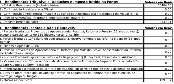 RENDIMENTO ISENTO E NÃO TRIBUTAVEL COD 99- INFORME DE IMPOSTO DE RENDA